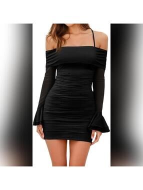 NWT Yousify Y2K Ruffled Long Sleeve Halter Off Shoulder Ruched Mini Dress, M